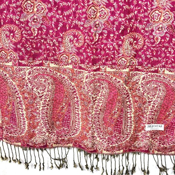 Fuchia Shawl Scarf Wrap Stole 100% Cashmere Pashmina Fringe Paisley - Picture 5 of 7